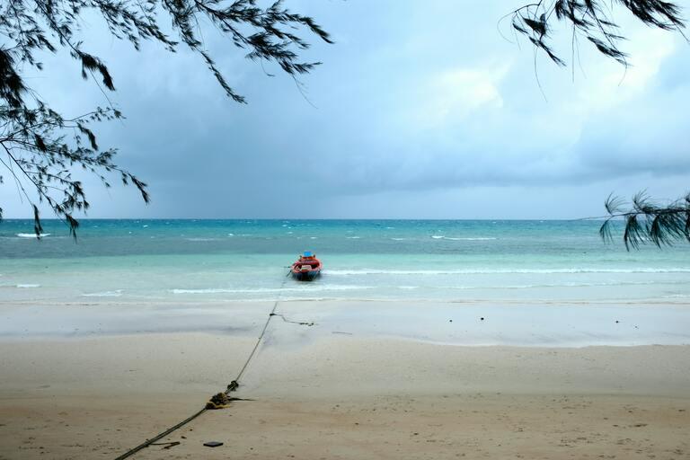 Weißer Strand auf Koh Tao mit Boot und Palme